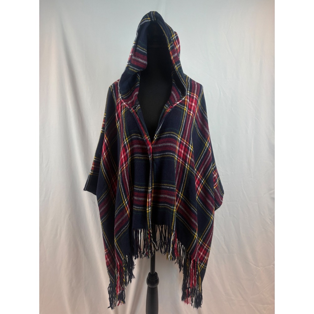 Navy Blue Plaid Hooded Poncho Wrap‎ Fringed Tartan Cape One Size W2162NV-FRAN